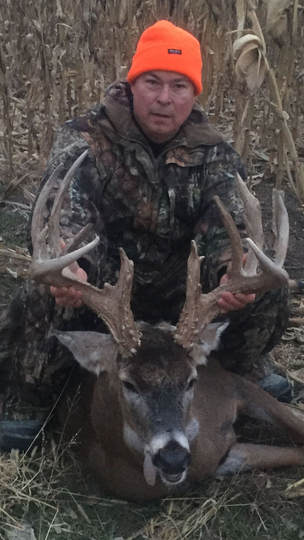 Hunter in blaze orange with a harvested buck